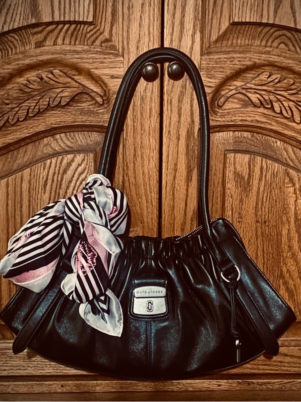 NEW! Marc Jacobs THE CRISTINA SATCHEL Black Ruched Leather Shoulder Bag